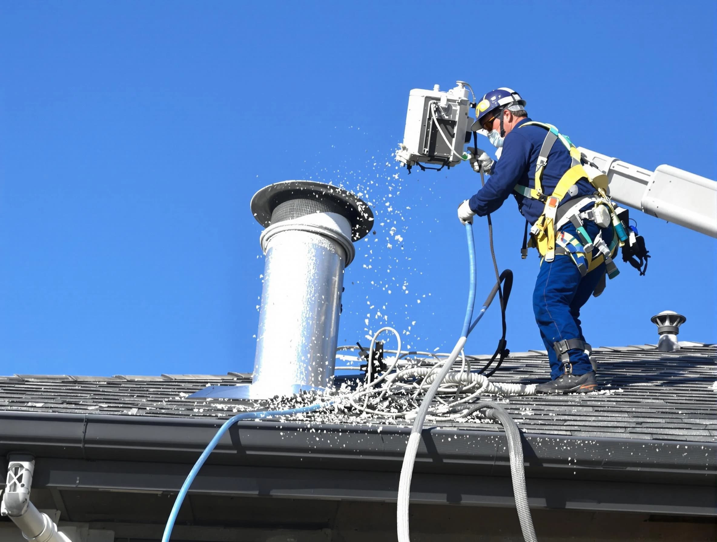 Columbia Dryer Vent Cleaning certified technician safely cleaning a roof-mounted dryer vent in Columbia