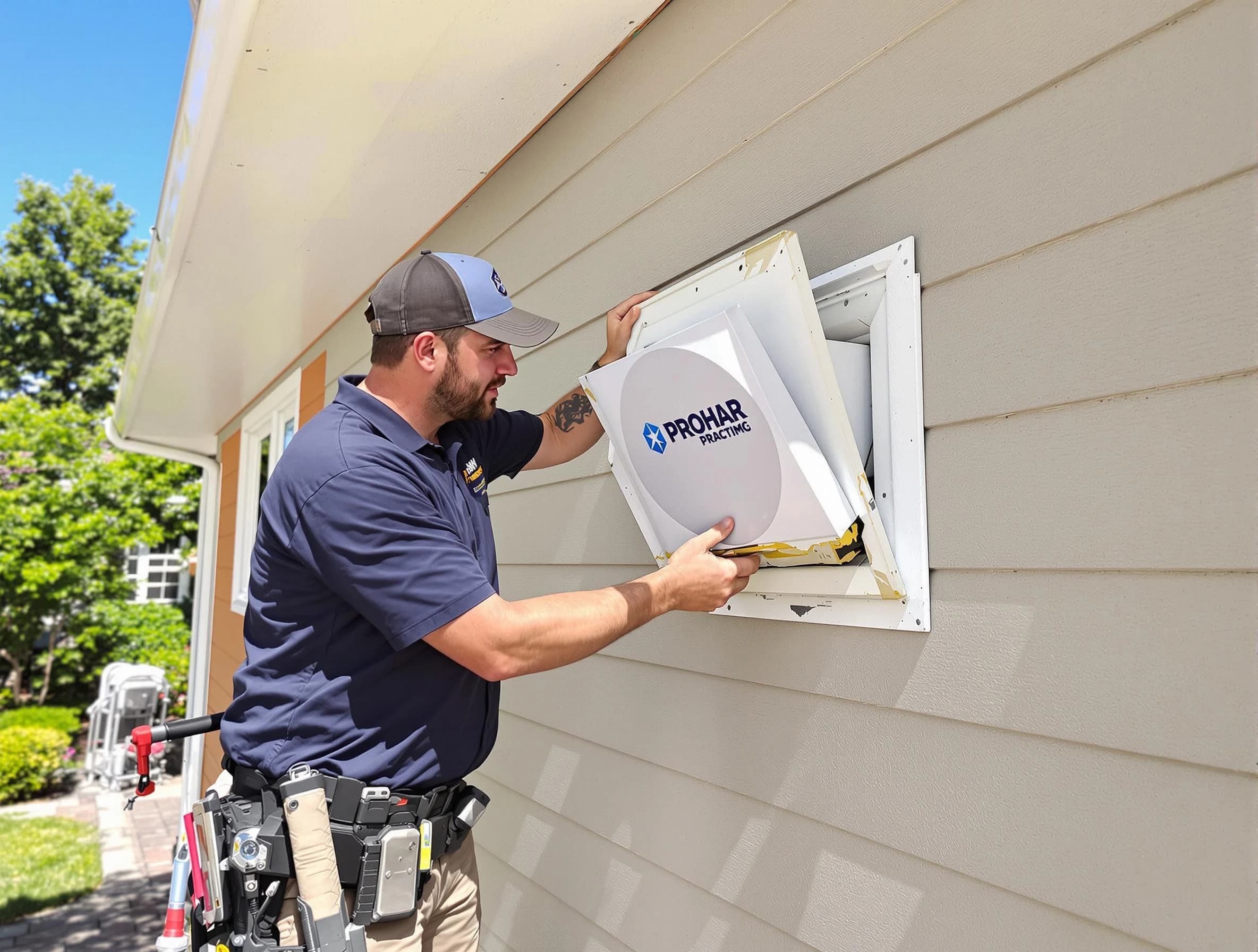 Columbia Dryer Vent Cleaning technician installing a new protective dryer vent cover on a home in Columbia