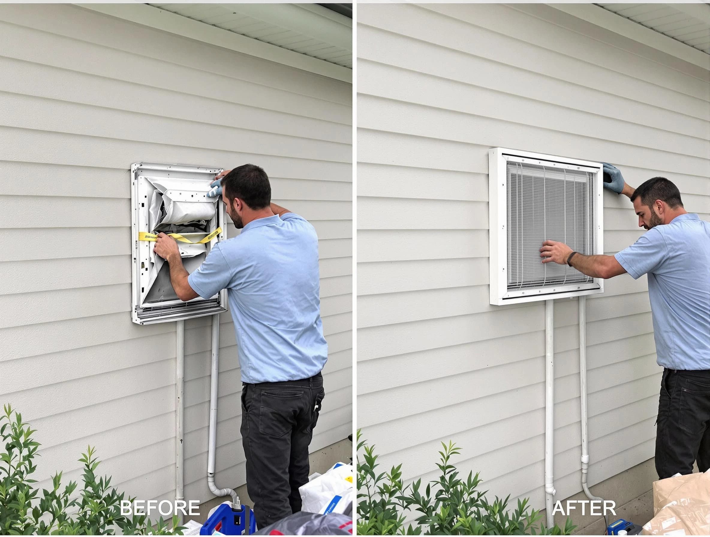 Columbia Dryer Vent Cleaning technician installing high-quality dryer vent cover at a residential property in Columbia