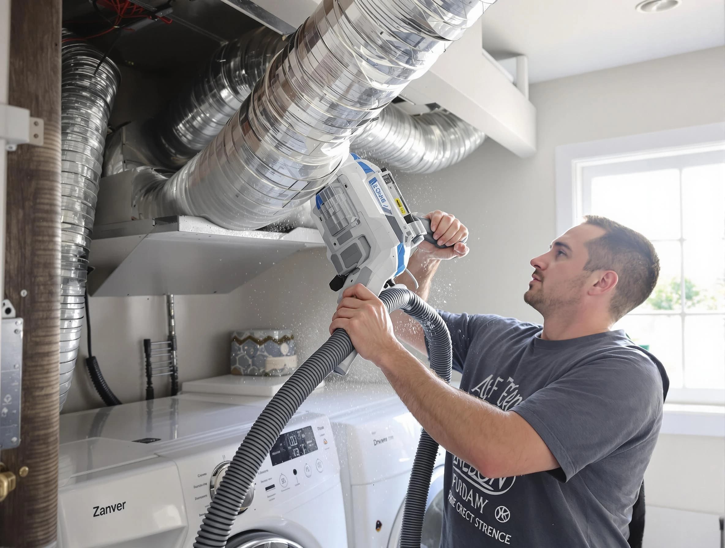 Columbia Dryer Vent Cleaning specialist cleaning deep within a dryer vent duct system in Columbia