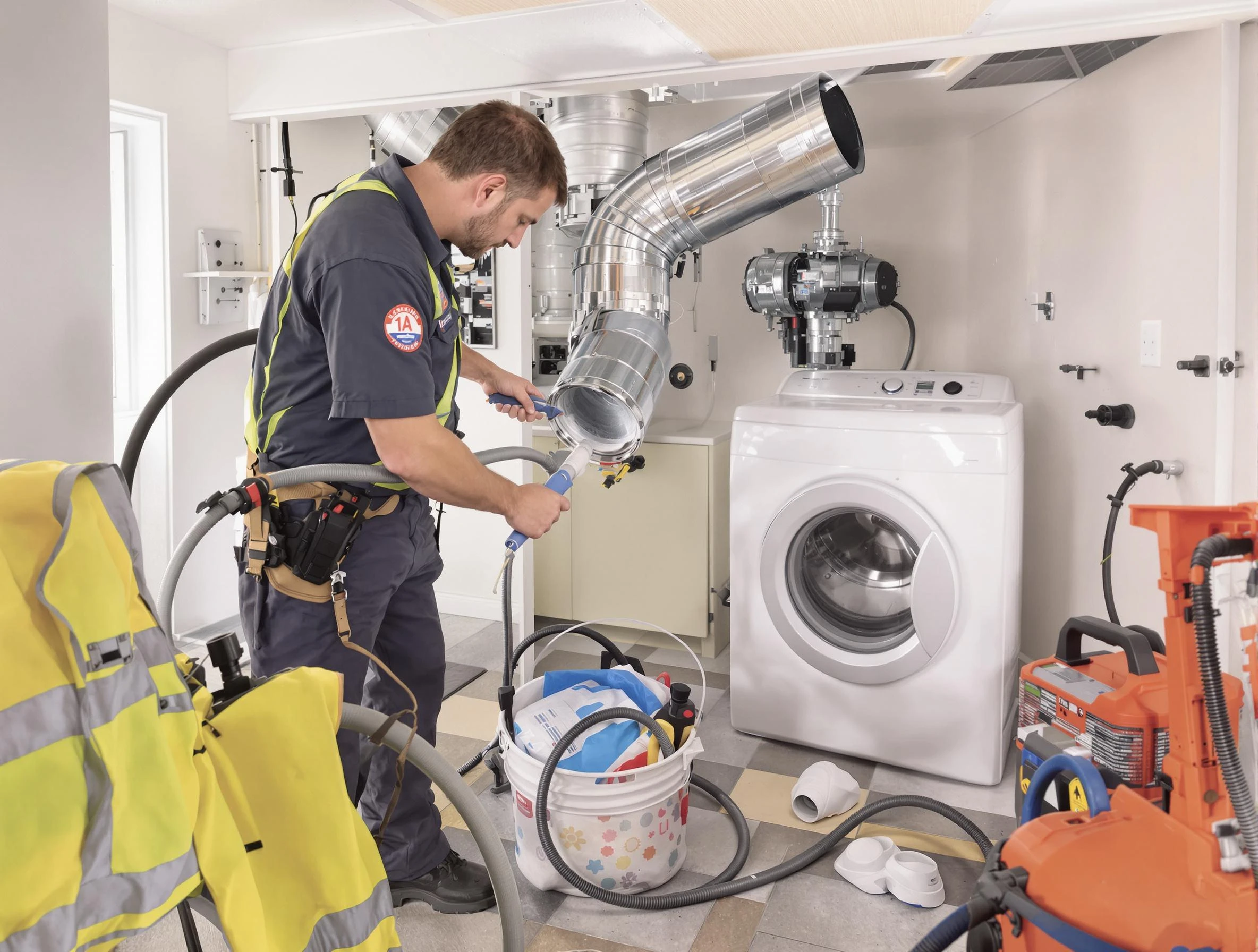 Columbia Dryer Vent Cleaning technician using specialized equipment to clear severe dryer vent blockage in Columbia